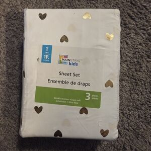 Mainstays Kids White Twin Sheet Set with Gold Heart Accents